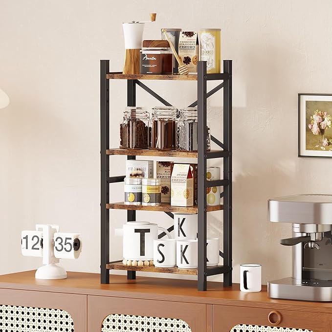 Desktop Bookshelf, 4-Tier Stackable Narrow Bookcase, Adjustable Industrial Desk Organizer & Hutch - Rustic Brown Wood Desktop Book Organizer for Living Room, Bedroom & Home Office