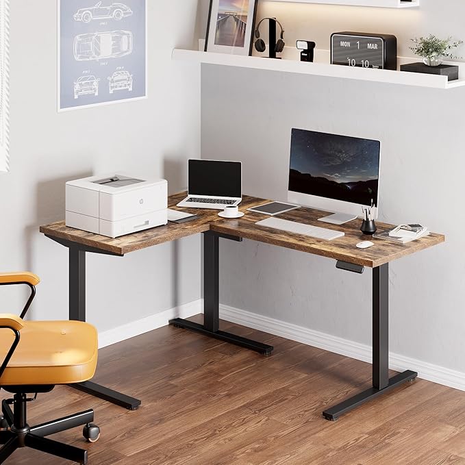 FLEXISPOT L Shaped Standing Desk, 63 x 47 Inch Electric Height Adjustable Corner Desk, Sit Stand Computer Workstation, Preset Controller, Home Office, Black Frame with Rustic Brown Top