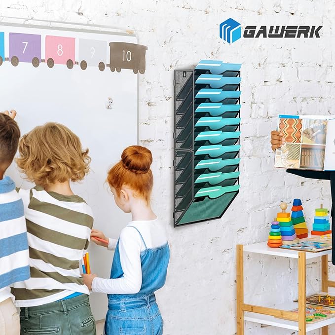 Gawerk 10-Tier Wall File Organizer Hanging Wall File Holder Wall Mount Paper Folder Organize, Mesh Magazine Document Mail Organizer Wall Organizer for Office School Home, Black
