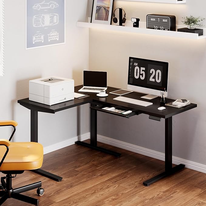FLEXISPOT L Shaped Standing Desk, 63 x 47 Inch Electric Height Adjustable Corner Desk, Sit Stand Computer Workstation, Preset Controller, Home Office, Black Frame with Black Top, Black Drawer