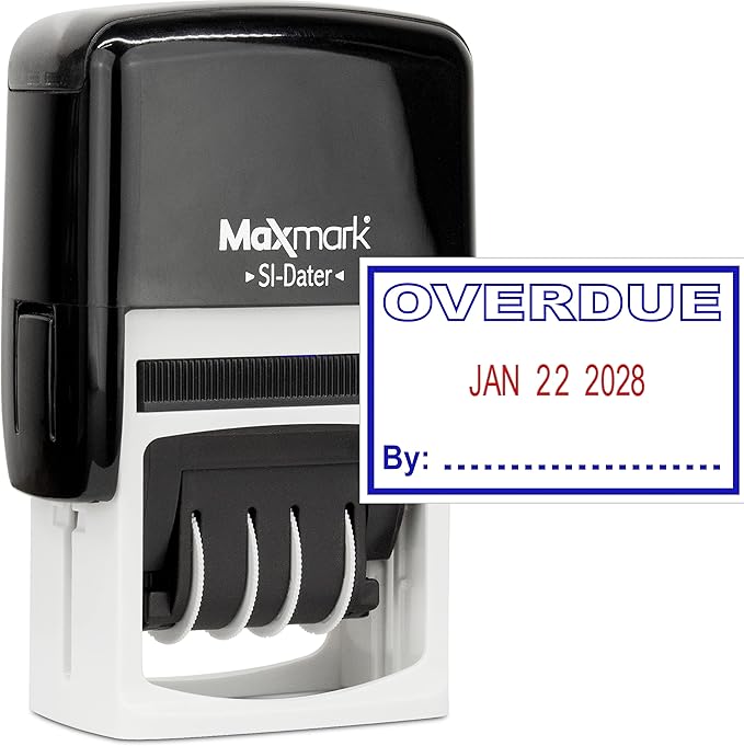 MaxMark Office Self Inking Date Stamp with Phrase Overdue - 2 Color Blue/Red Ink