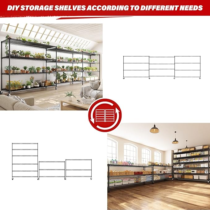 REIBII 82.6" H*60''W*17.7" D Steel Heavy Duty Wire Shelving with Wheels, 6-Tier Adjustable Storage Shelves 3598LBS Commercial Metal Shelves for Pantry, Garage, College Dorm School Industrial Shelving