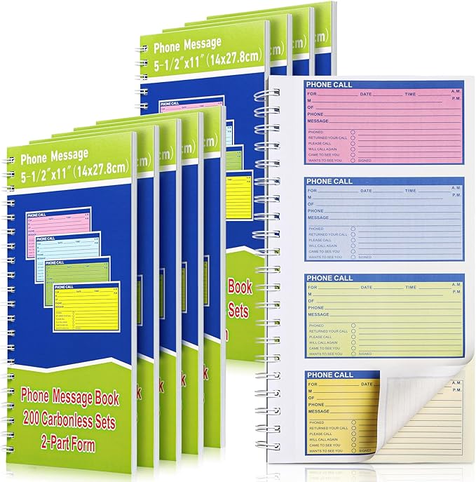 Sinmoe 10 Pcs Spiral Bound Phone Message Book with Carbon Copy 5-1/2" x 11" 2 Part Colorful Carbonless Telephone Message Pads Duplicate Spiral Phone Call Log Book for Business Office (Green,Blue)