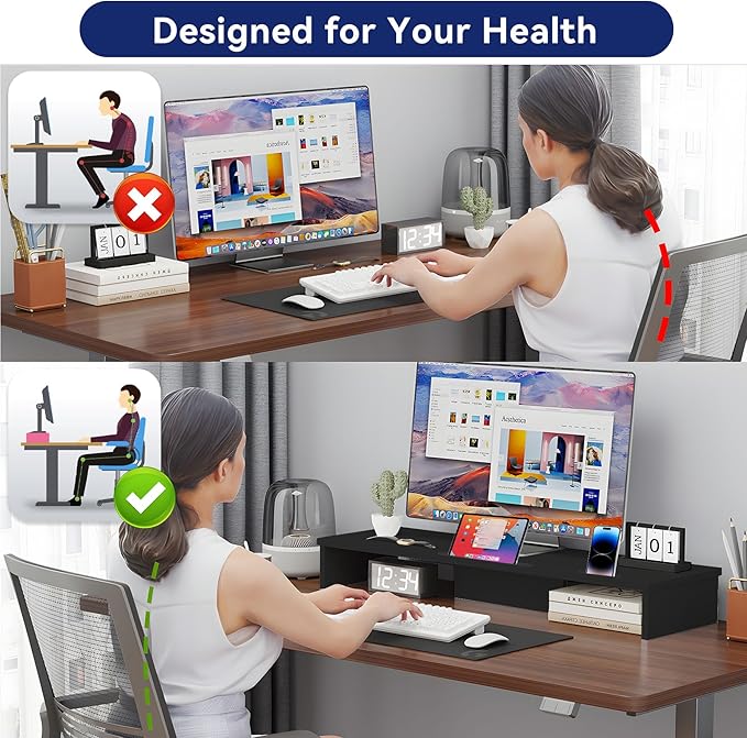 Qupui Dual Monitor Stand Riser with LED Lights and Phone Tablet Holder, 35.8in Large Monitor Stand for Desk, Computer Monitor Stand for 2 Monitors, Desktop Shelf Organizer for Laptop, Printer, TV