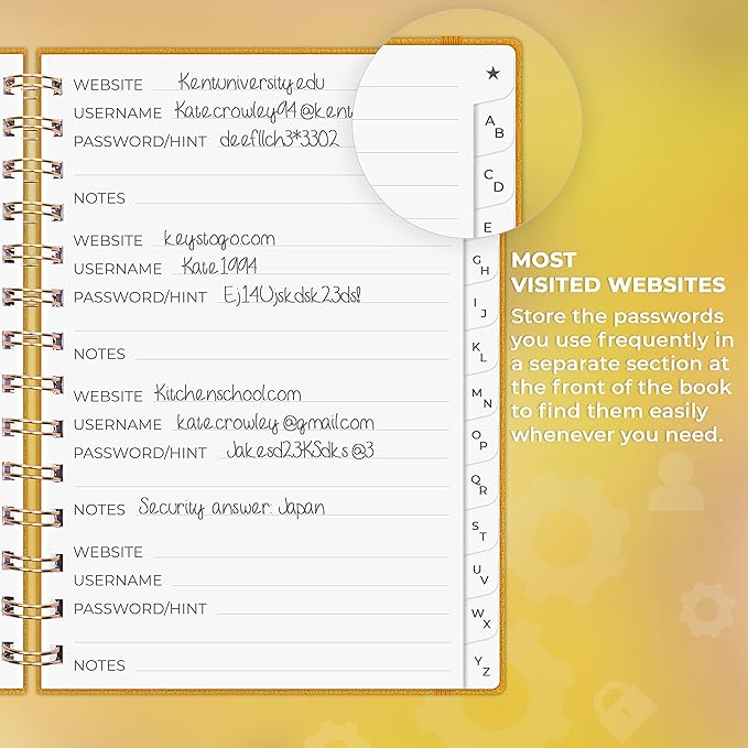Clever Fox Password Book Spiral – Internet Address & Password Organizer with Laminated Alphabetical Tabs – Password Keeper Journal – Hardcover, Medium Size, 6.1x7.7” (Amber Yellow)