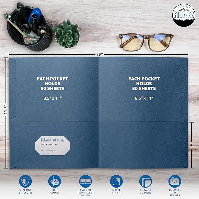 FILE-EZ Two-Pocket Folders, Navy Dark Blue, 25-Pack, Textured Paper, Letter Size (EZ-32523)