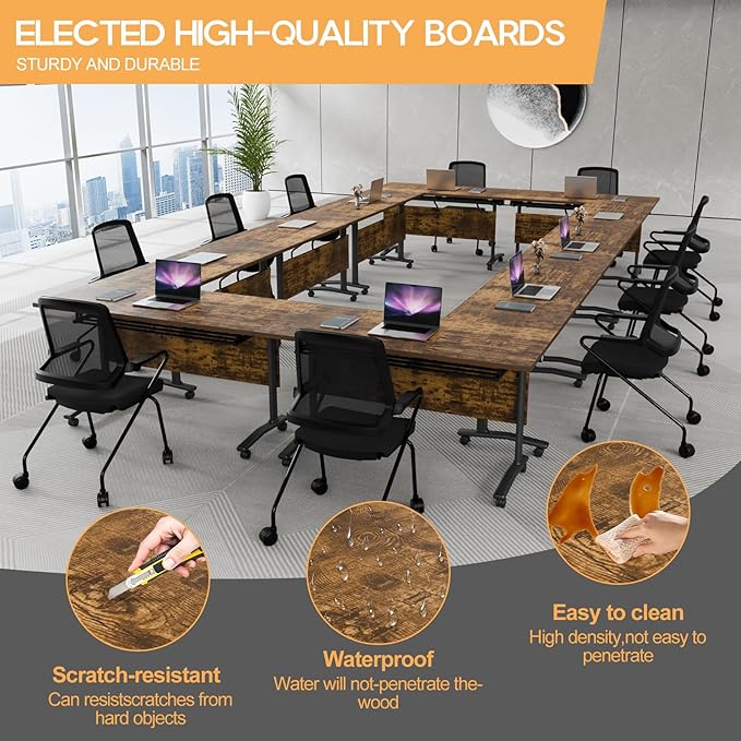 Folding Conference Table 4ft 5ft, Foldable Office Meeting Desk for 6 People, Multiple Sizes Colors Mobile Conference Room Table for Training Room School Business Furniture (2, Brown, 63in)