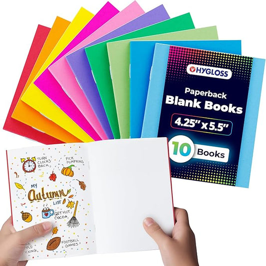 Hygloss Blank Books - Bulk 10 Pack – 4.25" x 5.5" A6 Assorted Colors – Paperback Blank Books for Kids to Write Stories, Doodle Art – Plain Drawing Sketchbook, Unlined Journal, Notebook Without Lines