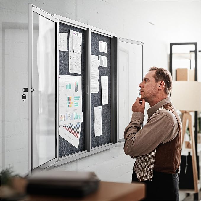48"x36" Lockable Enclosed Bulletin Board, Outdoor Flet Weather-Resistant Aluminum Frame Notice Board, Wall Mounted Display Case Acrylic Doors for School,Office,Silver Frame w/Grey Flet