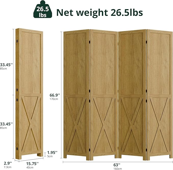 Cozy Castle Wood Room Divider, 4 Panels Folding Privacy Screen, 66.9'' Wall Divider, Barnwood Room Separator, Freestanding Partition, Temporary Wall for for Home Office Restaurant Decorative, Natural