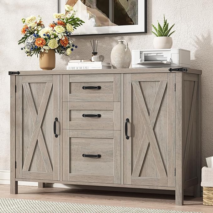 Vabches File Cabinet with 3 Drawers, Farmhouse Lateral File Cabinet Fits Files Letter/A4 Size, Wooden Filing Cabinet with Door and Adjustable Shelves Printer Stand for Home Office, Rustic Grey