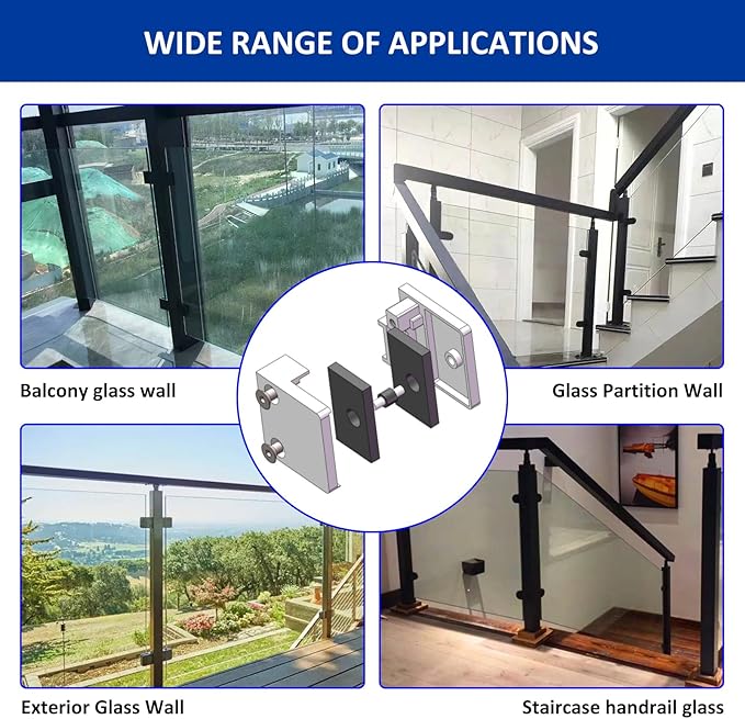 Glass Clamp－4PCS Adjustable Glass Shelf Bracket, 1/3 "-1/2 " 304 Stainless Steel Glass Clamps, Glass Clamp Bracket is Suitable for Railing, Stairs, Glass Wall, All Kinds of Glass (Black-4pcs)