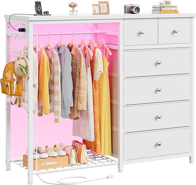 EnHomee 49.2" W White Dresser for Bedroom with Hanging Rack, 6 Drawers Dresser with LED Lights & Charging Station, Fabric Dressers & Chest of Drawers with Grid Panel & 4 Hooks, Wooden Top