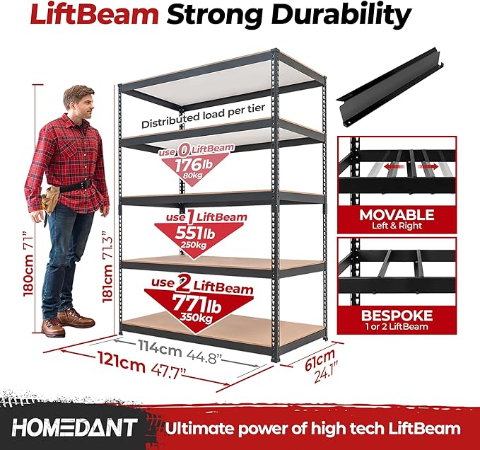 HOMEDANT 5 Tier Storage Shelves Adjustable Laminated Boltless Garage Metal Shelving Unit Heavy Duty Utility Rack Shelf Warehouse Pantry Closet Kitchen (2, (XL Deep) 48.1" W, Black)
