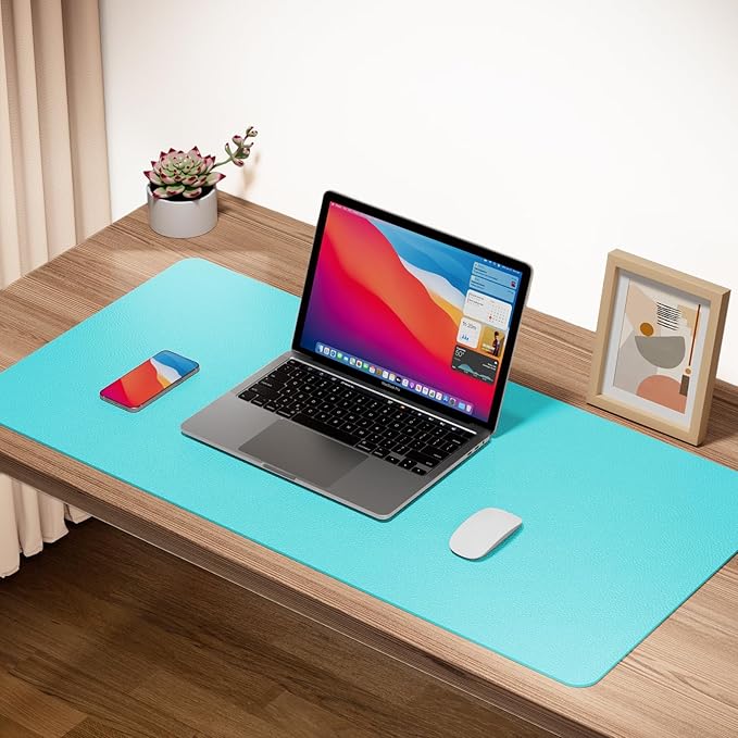 Boutilon Leather Desk Pad Protector,Non-Slip Mouse Pad,Laptop Desk Pad,Office Mouse Mat,Waterproof Leather Desk Blotter,Desk Writing Pad for Office and Home (XXL-Bright Blue,47.2"x 17")