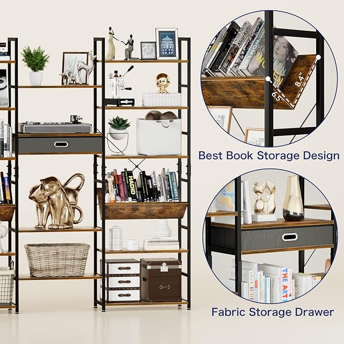 NUMENN Triple Wide 6 Tier Bookshelf, Adjustable Rustic Industrial Style Book Shelves, Modern Bookcases and Bookshelves Furniture for Bedroom, Living Room and Home Office, Vintage Brown