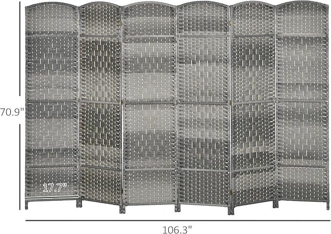 HOMCOM 6 Panel Room Divider, 6' Tall Folding Privacy Screen, Hand-Woven Freestanding Wall Partition for Home Office, Bedroom, Mixed Gray