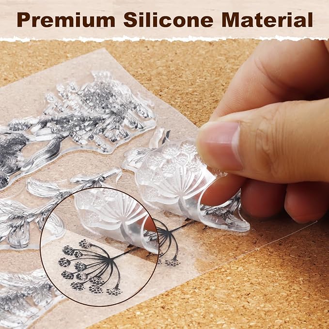 UCEC 8 Sheets Clear Stamps Set, 2 PCS Acrylic Stamp Block (15*5cm & 7.5*7.5cm), Vintage Plants Flower Rubber Silicone Stamps, Scrapbook Clear Stamp for Card Making & DIY Christmas Crafts Decoration