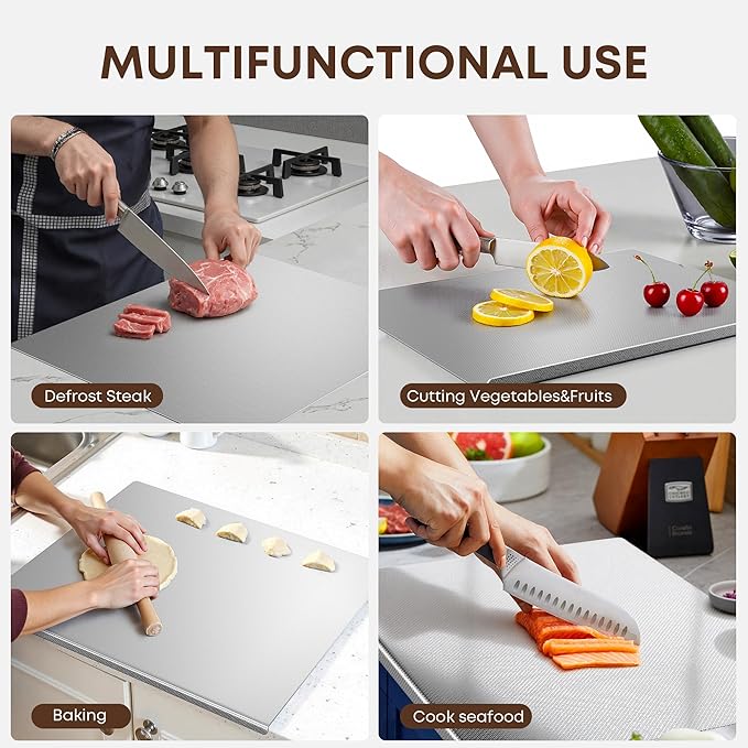 KORVOS Stainless Steel Cutting Board, 15.7"L x 11.8" W Heavy Duty Steel Chopping Boards for Kitchen, Metal Cutting Board with Lip&Non-slip pad, New Textured Against Scratches Surface, Easy To Clean