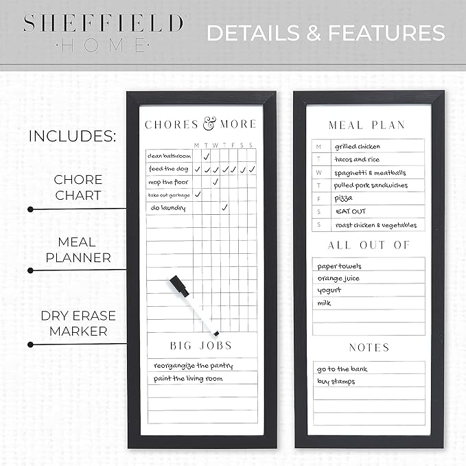 Sheffield Home Set of Two Family Planner Dry Erase Boards Featuring, Chore Chart, Shopping List, Weekly Meal Planner and Notes, 9x21 Inch, Black
