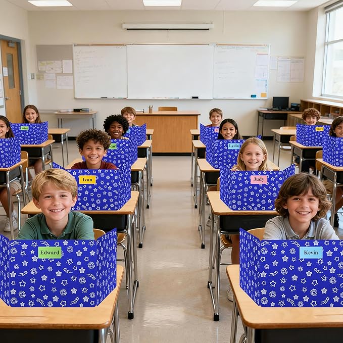 Blue 24-Pack Desk Dividers for Students, Waterproof Plastic Study Carrel Divider, Durable Testing Dividers for Classroom Teacher Supplies, Easy to Clean Privacy Shield Folder Boards for Student Desk