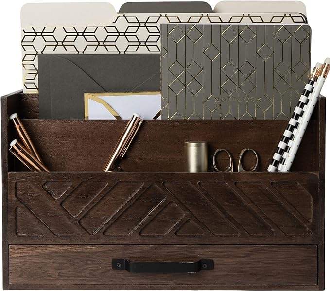 BLU MONACO | Wooden Mail Organizer with Drawer and Compartments | Mail Sorter Organizer Countertop for Desk Entryway | Outgoing Mail Holder Wood Desktop File Storage