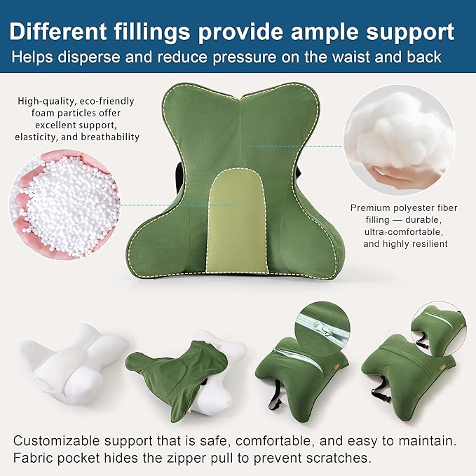 Ailuteie Lumbar Support Pillow(Pat. Pend) for Lower Back Pain Relief – Multi-Functional Ergonomic Lumbar Cushion, Reading Pillow for Office Chair, Car Seat & Sofa,Olive Green