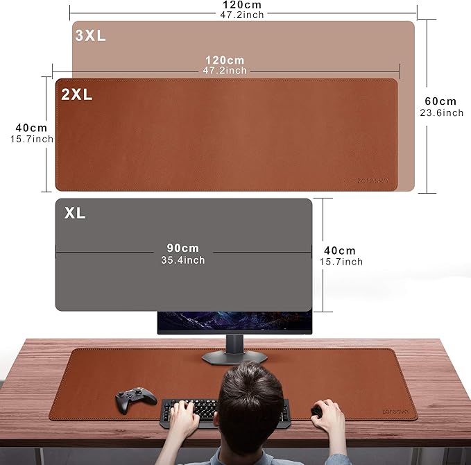 ZORESYN XL Large Desk Pad (47.2" x 15.8") - PU Leather Office Desk Mat for Keyboard and Mouse - Waterproof Surface with Nonslip Base - Light Brown Extended Mouse Pad for Home & Office