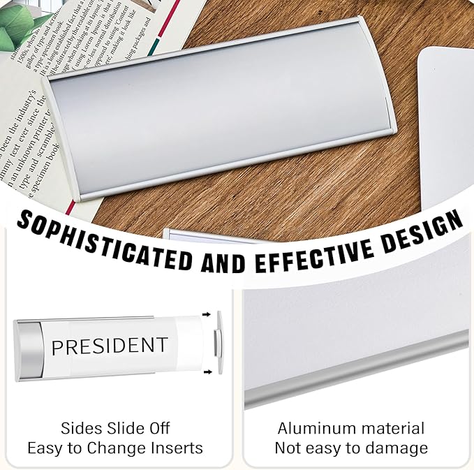 Therwen 12 Pcs Aluminum Office Name Plate Holder for Door Wall Mount 8'' x 3'' Business Sign Holder Office Door Sign Sturdy Curved with Plastic Film and Adhesive Tape (Silver)