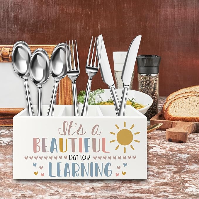 QZQE Boho Classroom Pen Pencil Holder Organizer for Desk, It's a Beautiful Day for Learning Wooden Box Signs Decorations for Home Office Desk Tabletop, Boho Classroom Decor