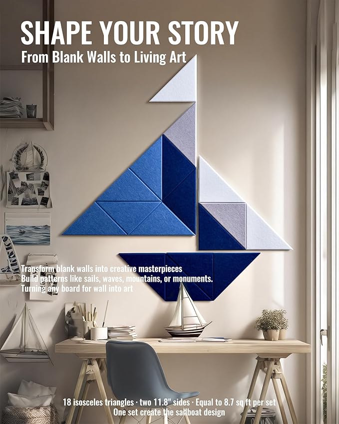 PebblingQ Felt Wall Tiles Bulletin Board, Marine Blue White Panels, Modular Decorative Boards for Home Office, Kids Room, Nursery, DIY Geometric Art Display, 18 Pack 11.8" Triangle Tiles (Marine)