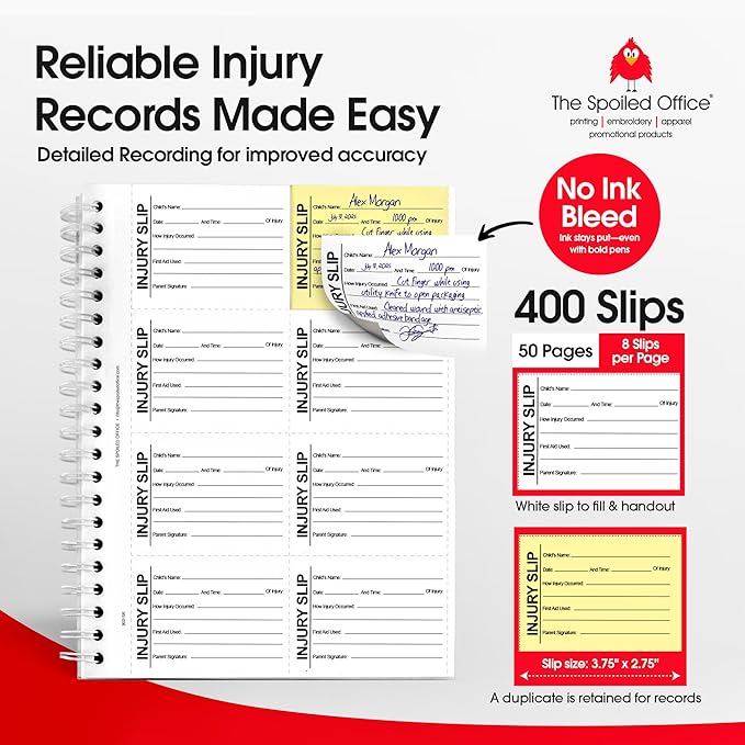 The Spoiled Office Injury Slip Book with Carbonless Duplicates 400 Pcs - 2 3/4"x3 3/4"- Easy Tracking Log Book for School Carbon Copy, School Supplies, Office Supplies for Desk, Spiral Bound