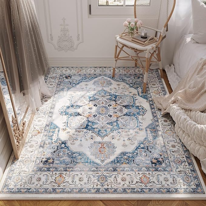 Rugcomf Vintage Medallion 4'x6' Rug - Machine Washable Area Rug, Non-Slip Low Pile Boho Carpet for Girl/Boys Room, Living Room, Kids, Entry - Blue