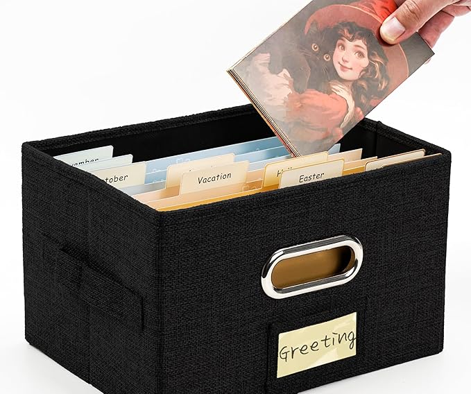 Remowith Greeting Card Organizer and Storage Box with 20 Pcs Adjustable Dividers, Storing Cards with 84 Pcs Labels Perfect for Storing Greeting Cards, Envelopes, Photos 1 Pack Black