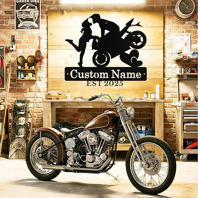 Custom Motorcycle Couple Metal Signs Personalized Biker Couple Name Sign Custom Garage Decor Motorbikes Wall Art Decor Motorcycle Sign Wedding Valentine's Day Gift for Couples