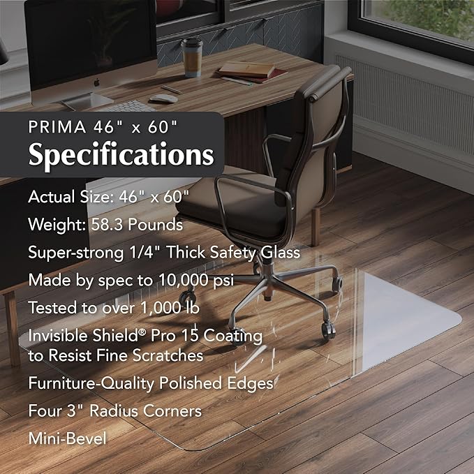 Vitrazza Glass Chair Mat 46” x 60” Superior ¼ Thick, Chiaro Standard Clear, Certified Tempered Safety Glass, Delivers a Smooth Glide, Protects Carpet or Wood, Beautiful in Home or Office.