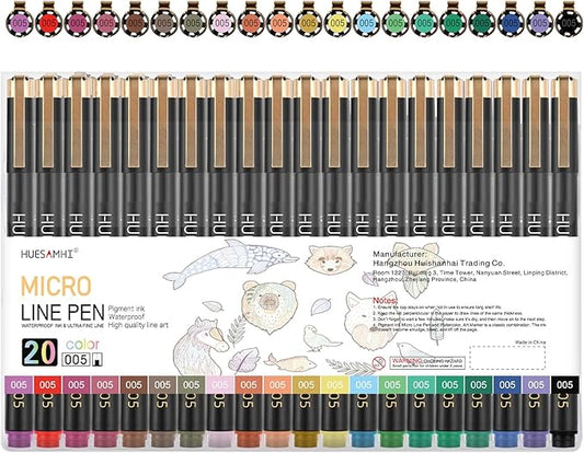 huesamhi 005 Micro Pen,20 Colors Waterproof Ink 0.20mm Fine Tip FineLiner Pens for Art Illustration,Sketching, Anime, Bullet journal,and Technical Drawing