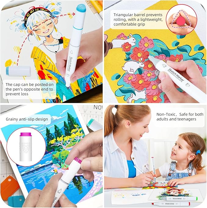 HOMSAILMO 80 color liquor base mark, double pointed (chisel and fine) permanent painting mark, suitable for adult coloring books, sketches, illustrations, with transparent box