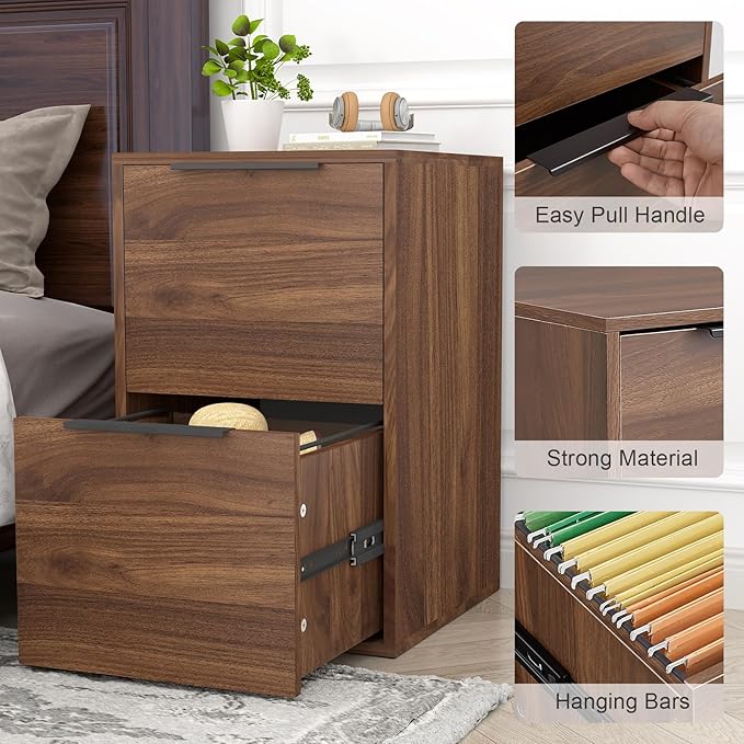 FATIGOS 2 Drawer File Cabinets, Wood File Cabinet with Hanging Bar for Letter Size, Under Desk Drawer, Small File Cabinets for Home Office, Dark Walnut