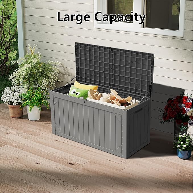 Decksplore 100 Gallon Outdoor Storage Box Waterproof, Lockable Resin Deck Box Patio Storage Bin for Pool Accessories Cushion Furniture, Garden Tools, UV-Resistant Outside Delivery, Grey