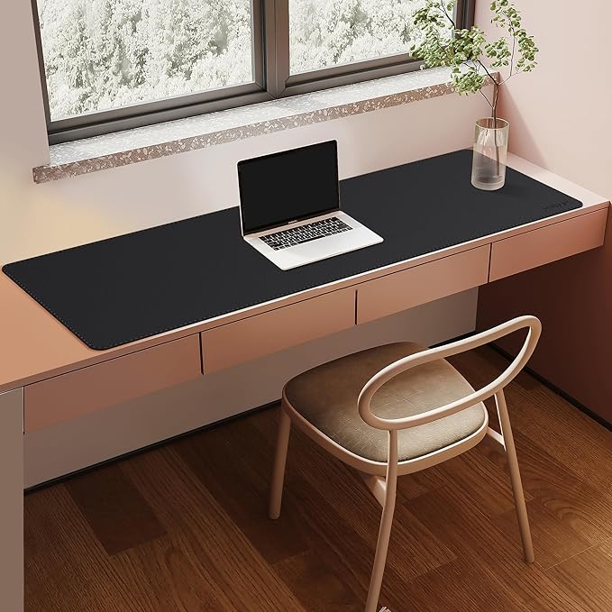 Mydours Ultra-Long 51.2" x 15.7" PU Leather Desk Pad with Non-Slip Suede Base, Waterproof Workstation Mat, Black - Full Desk Protection for Multiple Devices, Ideal for Professionals and Gamers