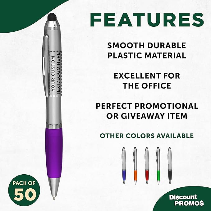 DISCOUNT PROMOS Custom Stylus Ballpoint Pens Set of 50, Personalized Bulk Pack - Black Ink, Great for Office, School, Business, Tradeshows, Events - Purple