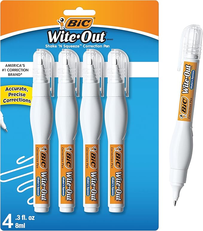 BIC Wite-Out Brand Shake 'n Squeeze Correction Pen, 8 ML Correction Fluid, 4-Count Pack of white Correction Pens, Fast, Clean and Easy to Use Pen Office or School Supplies
