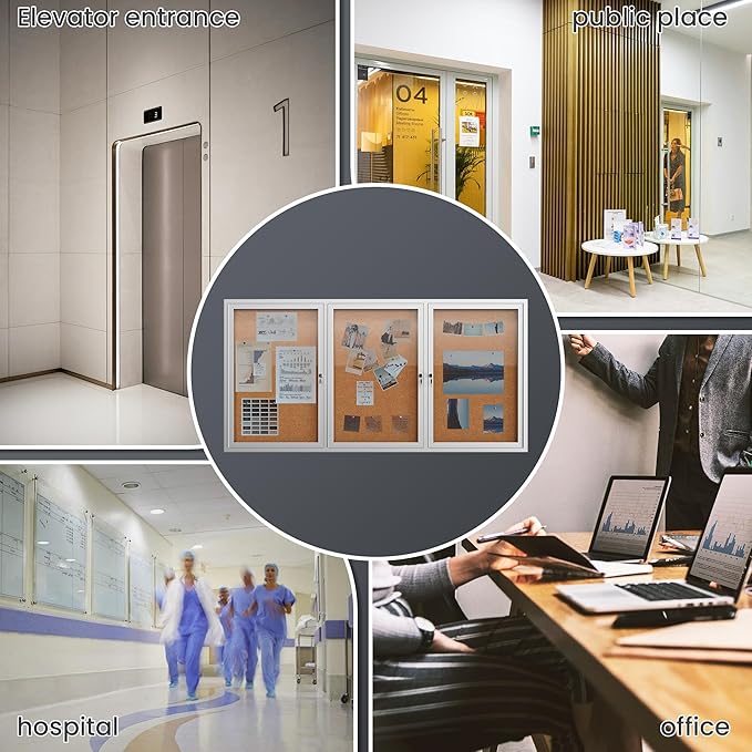 72"x36" Lockable Enclosed Bulletin Board, Outdoor Cork Weather-Resistant Aluminum Frame Notice Board, Wall Mounted Display Case Acrylic Doors for School,Office,Silver Frame w/Cork
