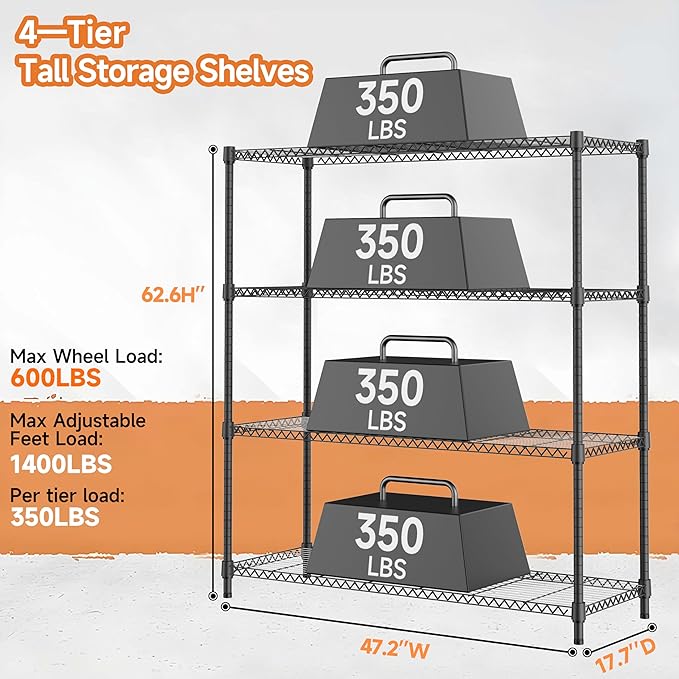 M MZG 4 Tiers Storage Shelves Load 1400LBS, Metal Shelving Wire Metal Shelving Unit Shelves for Storage Adjustable Garage Shelving for Pantry Kitchen Garage Black 17.7" D x 47.3" W x 62.7" H