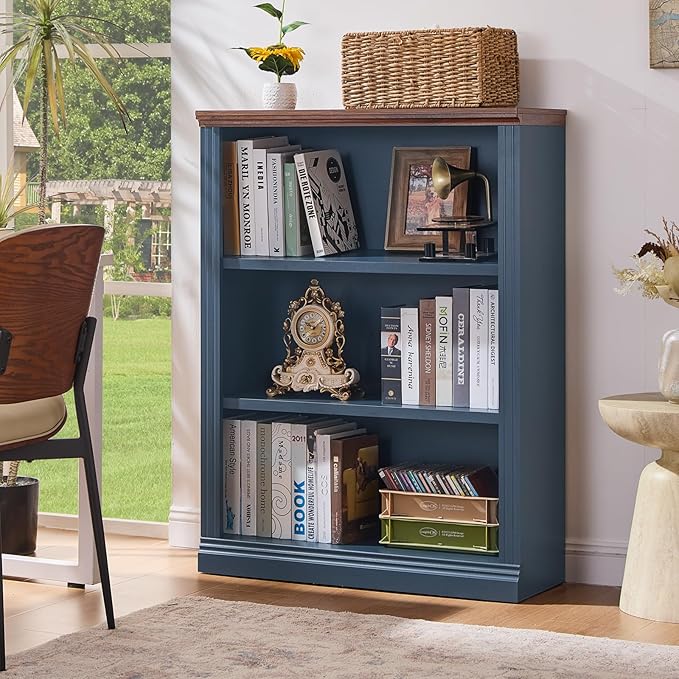 RWYHG 43" Blue Tall Bookshelf Set of 2,3-Tier Thick Wooden Book Shelf with Adjustable Shelves,Free Standing Farmhouse Bookcase with Open Display Storage,Floor Vintage Bookshelves for Living Room