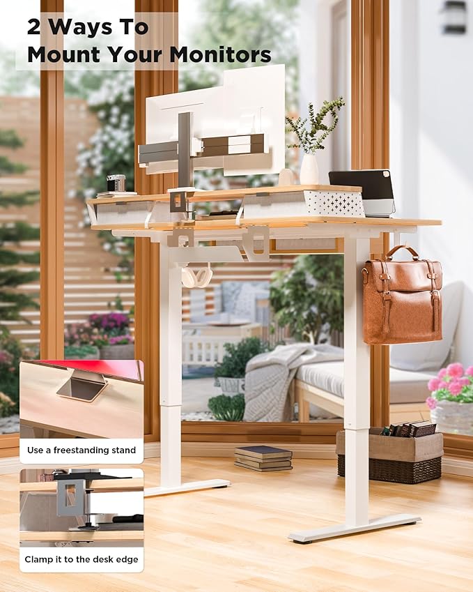 FiCiHi Electric Standing Desk with Four Drawers, Adjustable Height Sit Stand Desk, C-Clamp Compatible Home Office Desk with Storage Shelf & Monitor Stand Riser, 48 x 24 Inch, Maple