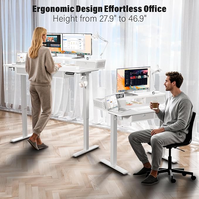 Kingant 48 x 24 Inch Electric Standing Desk with 4 Drawers, Height Adjustable Sit to Stand Computer Desk with Storage Shelf and C-Clamp Mount Compatibility for Home Office, White