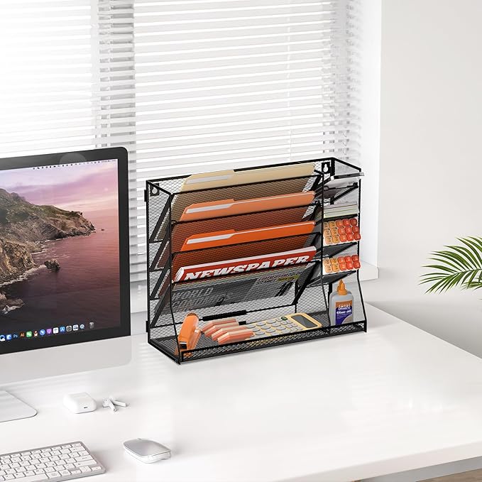 SUPEASY Wall File Organizer, 5-Tier office wall organizer with 4 Pen Holders, Wall Organizer for Office with R-shaped Bottom Tray, Metal Desk Organizer for Office, School, Home, Black