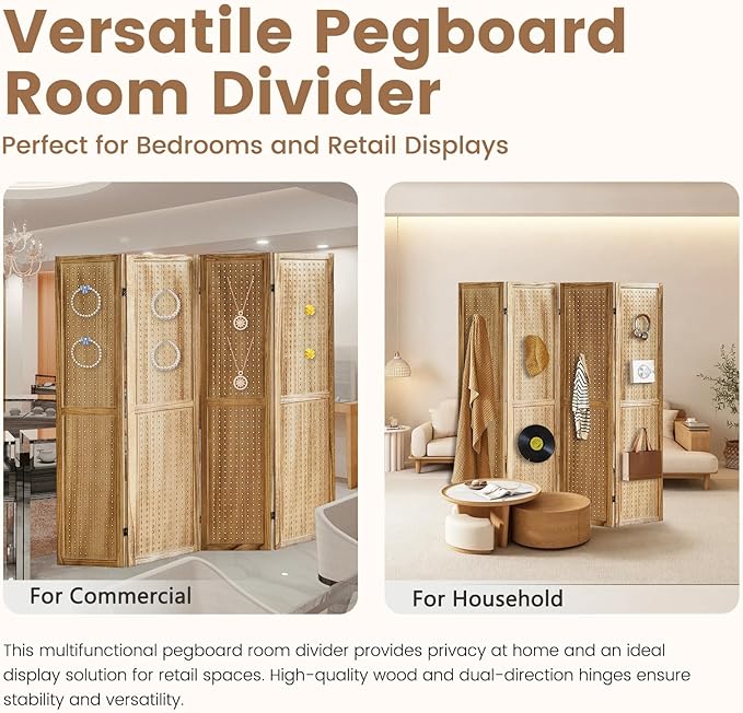 Aleesing 4 Panel Pegboard Display with 16 Hooks, Wooden Room Divider Wall and Folding Privacy Screens, Partition Room dividers, Pegboard Room Divider, Jewelry Store, Bedroom, Balcony, Light Brown